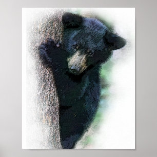 Poster Joli ourson noir aquarelle dans un arbre