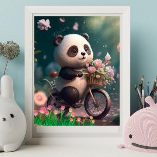 Poster Joli panda à vélo avec des fleurs Art
