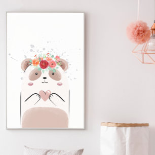 Poster Joli Panda Cœur Rose Aquarelle Fleurs Nurserie