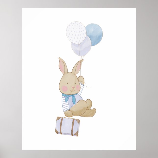 Poster Joli Pastel Blue Ballons Bunny Nursery Décor (Devant)