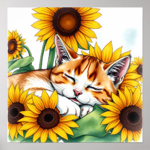 Poster Joli petit chaton dormant et tournesols