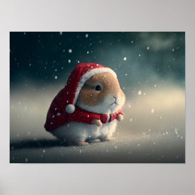 Poster Joli petit lapin portant un casquette du Père Noël (Devant)