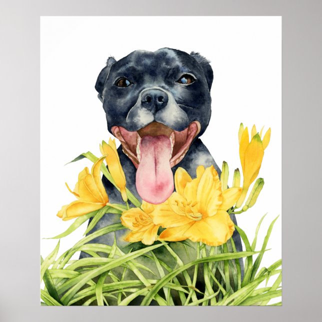 Poster Joli Pitbull Chien dans Jardin Fleur Jaune (Devant)