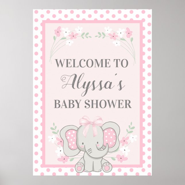 Poster Joli Pois Eléphant Rose Baby shower Fleurs (Devant)