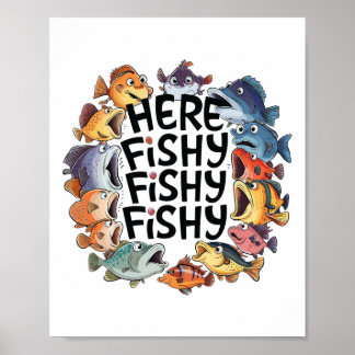 Poster Joli Poisson ici amusant Pêcheur Amoureux Enfants 