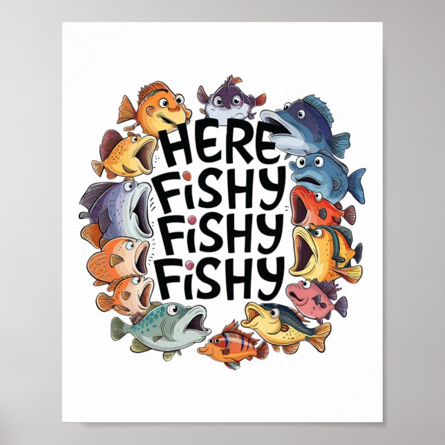 Poster Joli Poisson ici amusant Pêcheur Amoureux Enfants  (Devant)