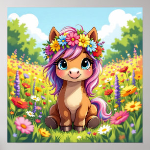 Poster Joli poney avec fleurs