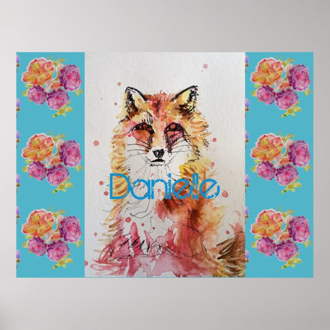 Poster Joli renard rouge animal rose sarcelle roses (Devant)