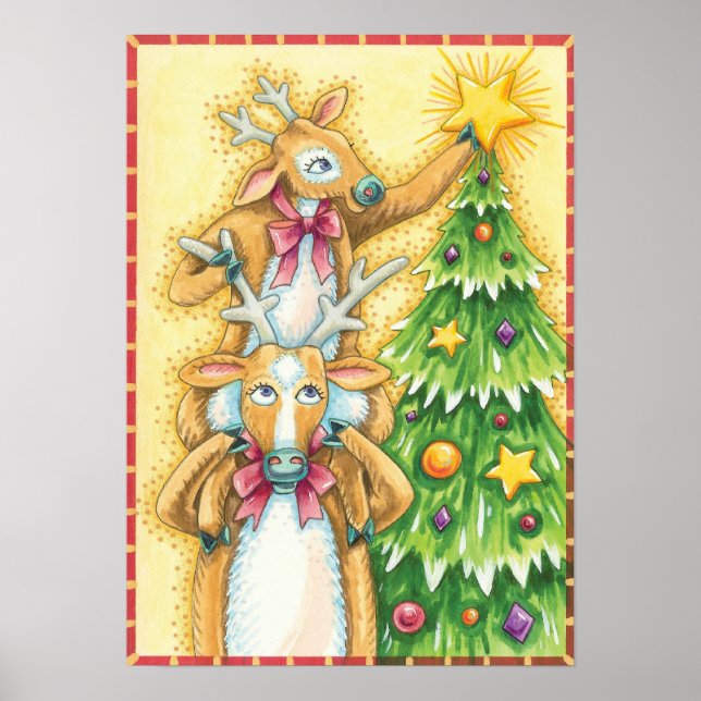 Poster Joli renne de Noël avec l'étoile de l'arbre de Noë (Devant)