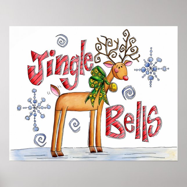 Poster Joli renne de Noël, Jingle Bells Snowflakes (Devant)