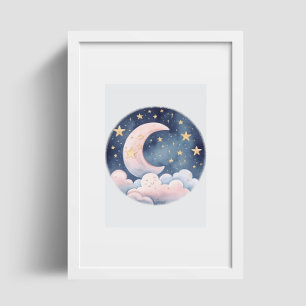Poster Joli Rêves Doux Lune Étoiles Nuages Décor Nursery