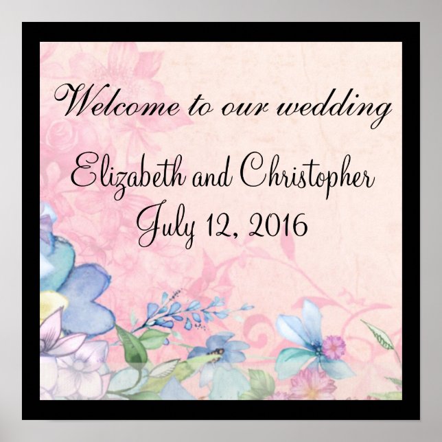 Poster Joli rose et bleu Floral Bienvenue à notre Mariage (Devant)