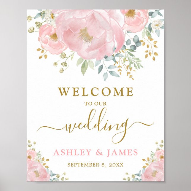 Poster Joli rose rose or rose Mariage Floral Bienvenue (Devant)