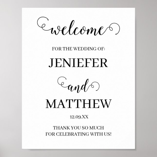 Poster Joli script de calligraphie Mariage noir et blanc (Devant)