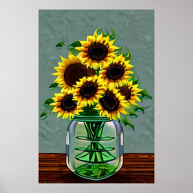 Poster Joli tournesol dans les vases en verre (Devant)