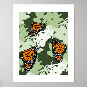 Poster Joli trio de papillons monarques sur une plante de