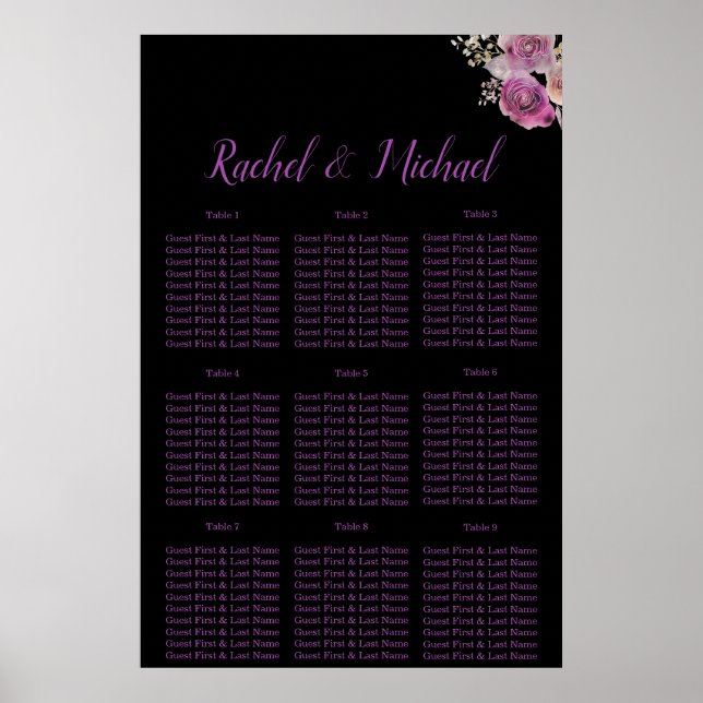 Poster Joli violet et noir Mariage de charme Floral (Devant)