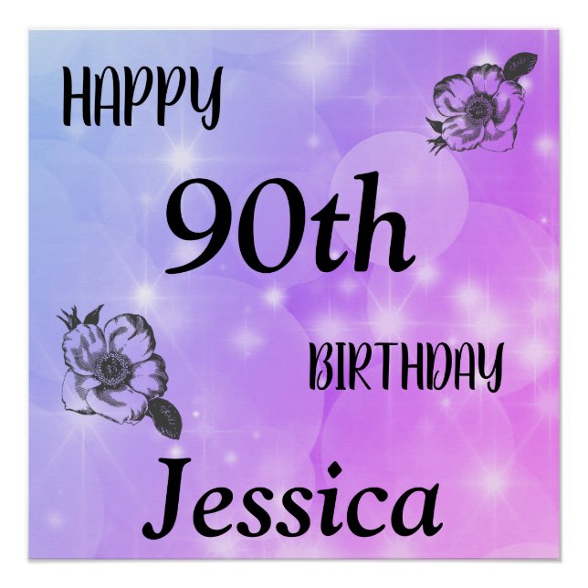 Poster Joli violet pétillant Joyeux 90e anniversaire (Devant)