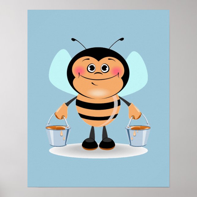 Poster Jolie abeille caricaturale portant des seaux de mi (Devant)