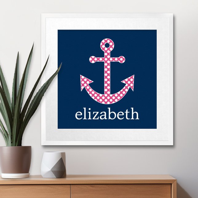 Poster Jolie Ancre à Points Roses avec Nom Personnalisé N (Nautical Anchor Poster with Custom Name)