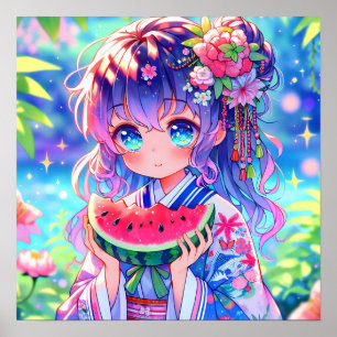 Poster Jolie Anime Girl Manger Watermelon