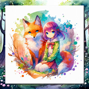 Poster Jolie aquarelle Anime Girl et Fox