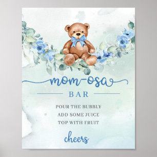 Poster Jolie aquarelle bébé ours bleu fleurs maman-osa ba