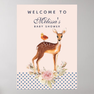 Poster Jolie aquarelle Fawn avec Baby shower de fleurs