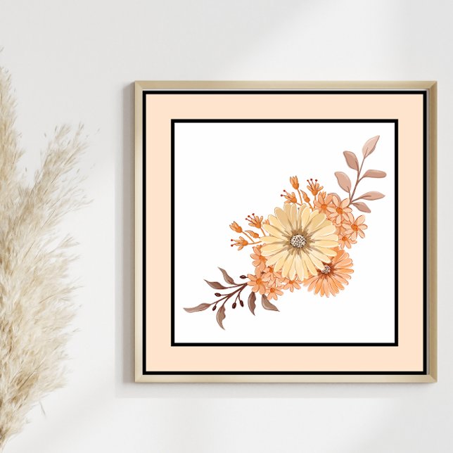 Poster Jolie aquarelle Fleur Noir Lignes Orange Bordure (Créateur téléchargé)