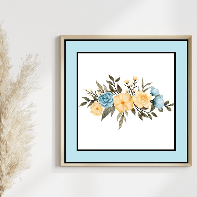 Poster Jolie aquarelle Fleurs Lignes noires Bordure bleue (Créateur téléchargé)
