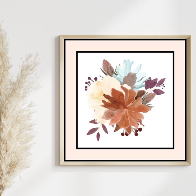Poster Jolie aquarelle Fleurs Noir Lignes Bordure Rose (Créateur téléchargé)
