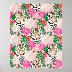 Poster Jolie aquarelle florale et tigre animal rose