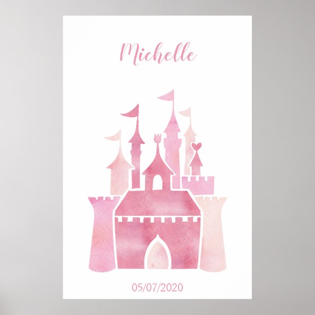 Poster Jolie aquarelle rose girly château conte de fées (Devant)