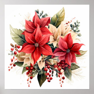 Poster Jolie Aquarelle Rouge Fleurs de Noël Poinsettia