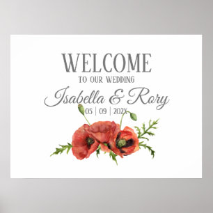 Poster Jolie aquarelle Rouge Poppies Mariages Bienvenue