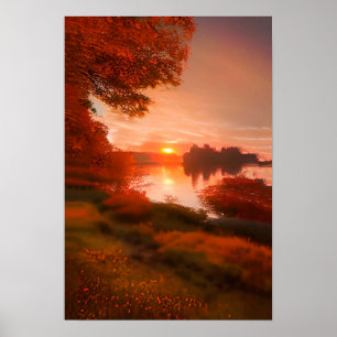 Poster Jolie automne Paysage lac coucher de soleil nature