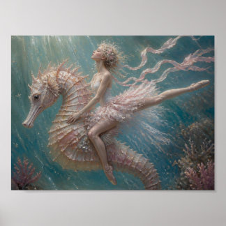Poster Jolie ballerine sur son hippocampe rose