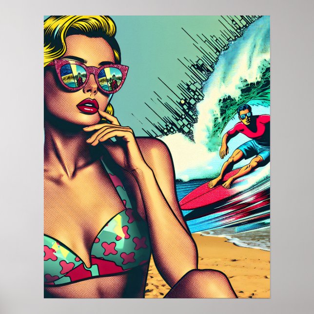 Poster Jolie Blonde Rétro Femme et Surfer Guy (Devant)