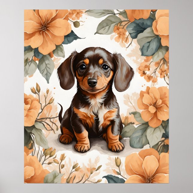 Poster Jolie Brown dachshund Puppy Peach Floral (Devant)