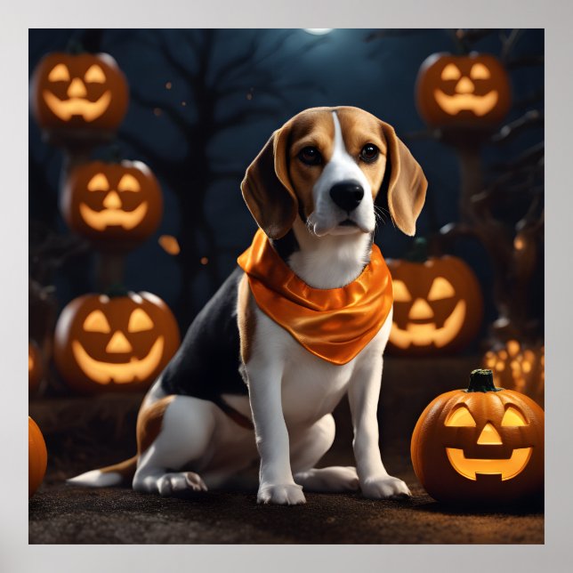 Poster Jolie chiot Beagle Halloween en Citrouille costume (Devant)