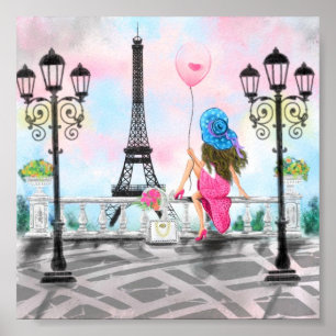 Poster Jolie dame au ballon de coeur rose - I Love Paris