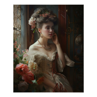 Poster Jolie Dame En Robe Fleurs De Soie.