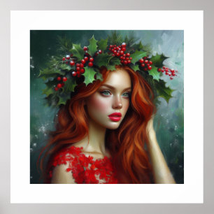 Poster Jolie dame en rouge avec feuilles de houx 
