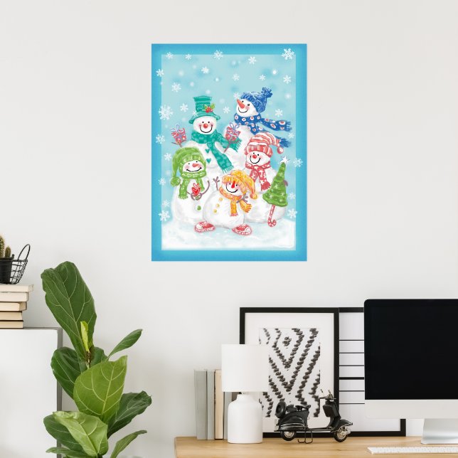 Poster Jolie famille des neigeurs de Noël dans la neige (Bureau à domicile)