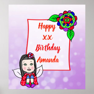 Poster Jolie fée caucasienne Joyeux Anniversaire