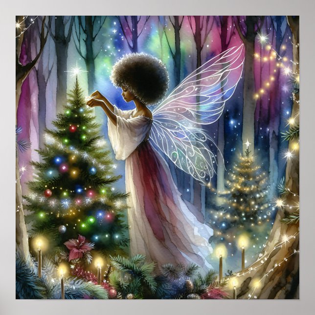 Poster Jolie fée décorant l'arbre de Noël (Devant)