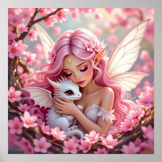 Poster Jolie fée elfe rose et dragon  (Devant)