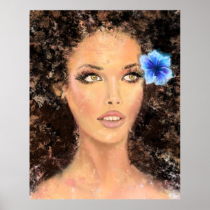 Poster Jolie femme avec Fleur Bleue - Peinture originale