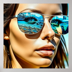 Poster Jolie femme avec réflexion sur les lunettes de sol
