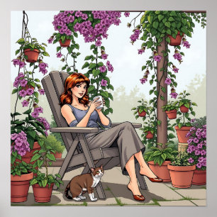 Poster Jolie femme buvant du café, son chien et Plantes